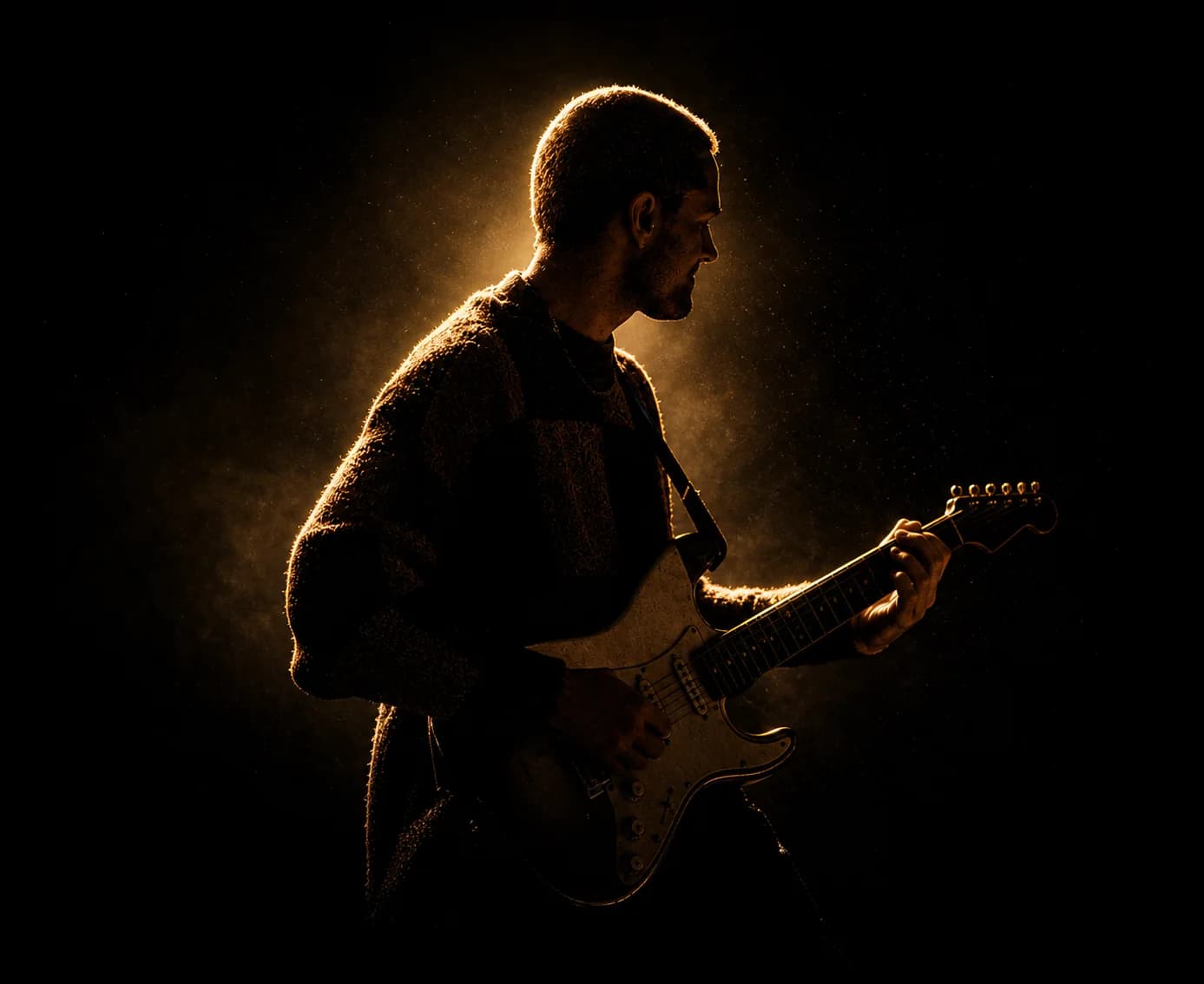 Guitarist playing under warm studio light